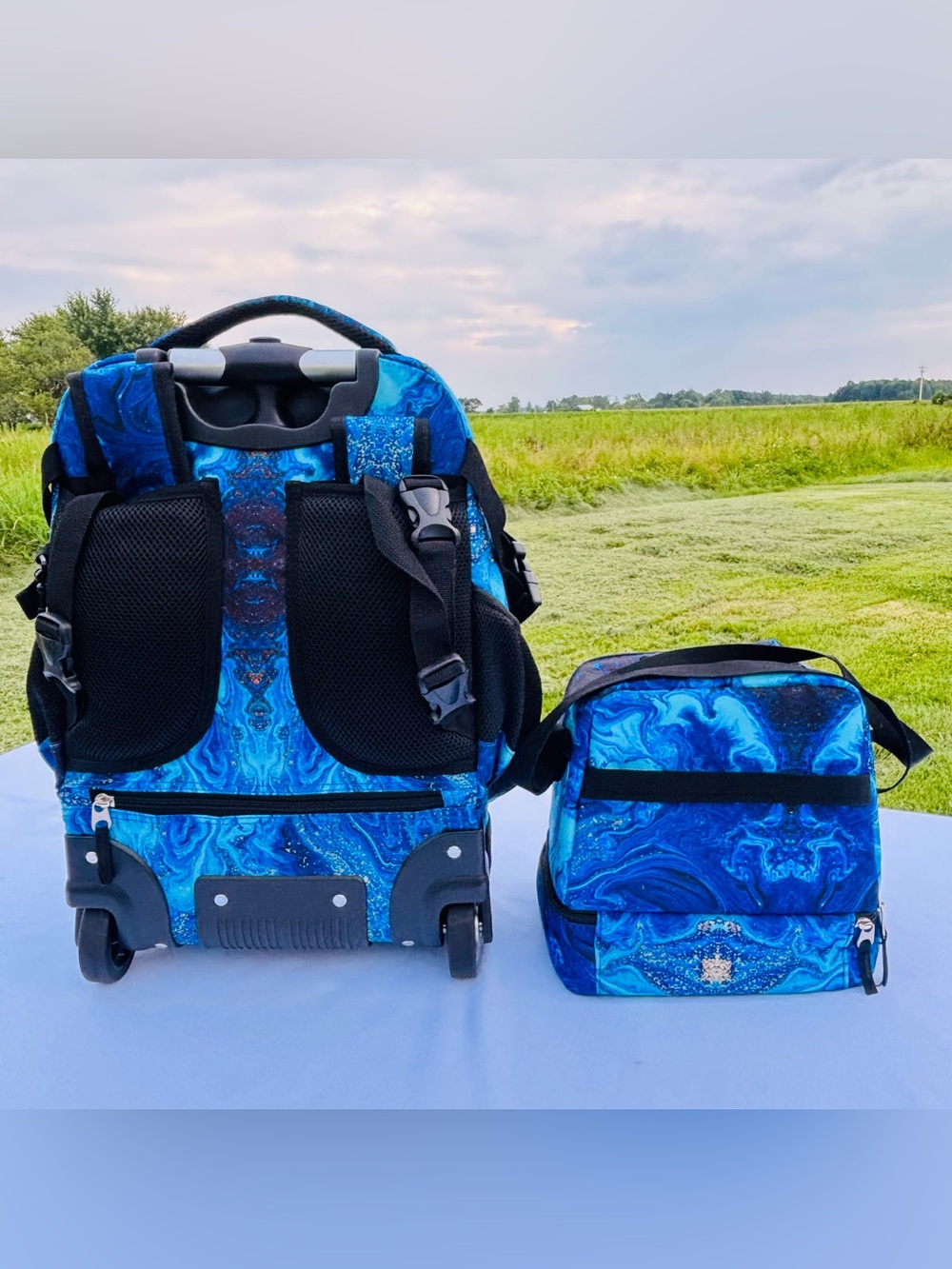 Rolling Backpack Lunch Bag Set Blue Wave Wheeled Laptop School Travel 19" Unisex - Picture 2 of 14